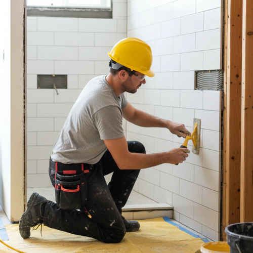 Construction worker installing tile in a bathroom