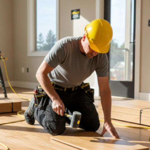 Construction worker installing a wood floor
